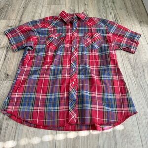 Wrangler Red and Blue Plaid Short Sleeve Men's Shirt w/ Pearl Snap Buttons Sz XL